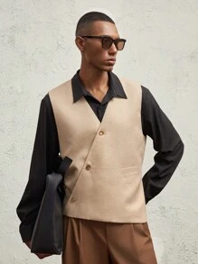 AKNOTIC Business Casual Men's Loose Fit Plaid Casual Open Front Waistcoat Vest, Apricot V-Neck, With Adjustable Waist Belt, For Fall Winter - Apricot - View 2