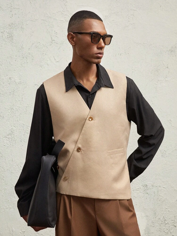 Men's Loose Fit Plaid Casual Open Front Waistcoat Vest, Apricot V-Neck, With Adjustable Waist Belt, For Fall Winter