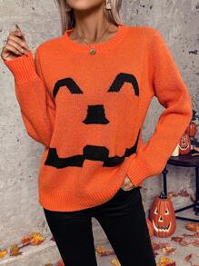 Chiquease Cute Fall Halloween Smiling Face Women Orange Sweater Knit Pullover Fall Winter Outfit - Orange - View 5