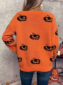 SHEIN LUNE Pull en tricot à motif citrouille pour Halloween, pull pour l'automne et l'hiver - Orange - Voir 2