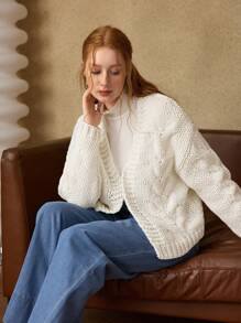 SHEIN MOD Cardigan Solto Branco Feminino, Queda/Inverno, Anos 90, Renascença, Old Money, Homecoming, Casual Business, Moda Coreana, Cottage Core, Vestuário de Escritório - Branco - Visão 2