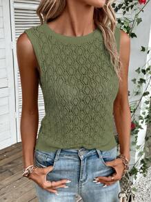 Breezaya 女士纯色无袖镂空针织背心 - 軍綠色 - 查看 6