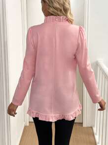 SHEIN LUNE 纯色前扣长袖荷叶边下摆休闲夹克