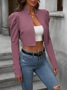 Chiquease Chaqueta corta con cremallera frontal de manga gigot de unicolor para mujer, verano - Morado - Ver 4