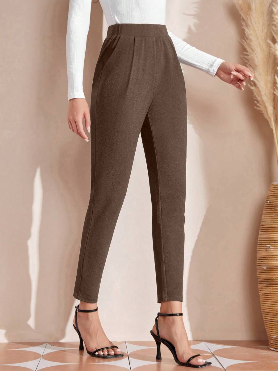 EMERY ROSE 女士纯色弹力腰带优雅长裤，带口袋 - 棕色 - 查看 1