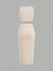 Forever 21 纯色无袖短款上衣和高开叉裙子度假套装 - 杏色 - 查看 3