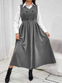 SHEIN Essnce 大码秋冬吊带双排扣中长褶皱连衣裙 - 灰色 - 查看 6