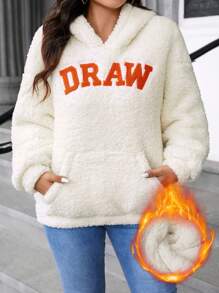 Calvaya Plus Size Long Sleeve Hooded Sweatshirt With Letter Print And Pocket, Casual Daily Wear Pullover Fall Outfit