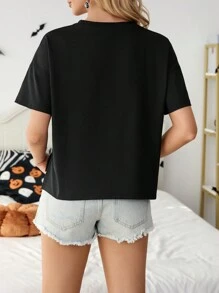 SHEIN Essnce 2024 Halloween Pumpkin Head, Spider, Ghost Print Loose Black Gothic Style Short Sleeve T-Shirt - Black - View 2