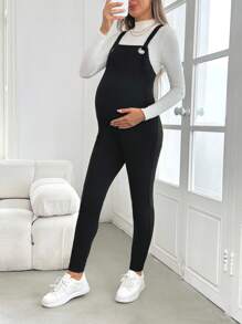 SHEIN Maternity Knitted Jumpsuit With Tie Up, Slim Fit Pregnancy Overalls - Black - View 3