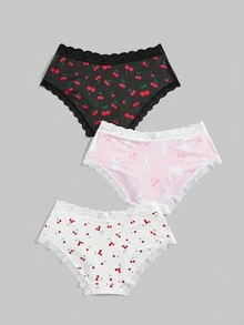 ROMWE Kawaii Bộ 3 quần lót ren họa tiết thỏ và quả anh đào cỡ lớn - Nhiều màu - Xem 2