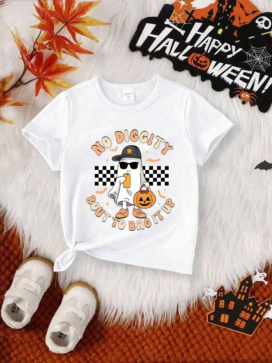 Young Boys Funny Print Crew Neck Casual T-Shirt For Halloween - White - View 1
