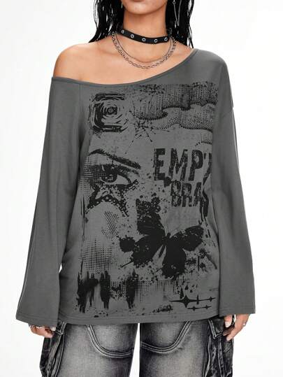 Grunge Punk Camiseta holgada asimétrica con estampado de letra y ojo elemento punk de la tierra baldía para mujer