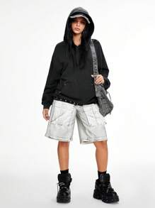 ROMWE Grunge Punk Punk Distressed Snowflake Metallic Button Detachable Oversized Women Baggy Sweatshirt - Black - View 5