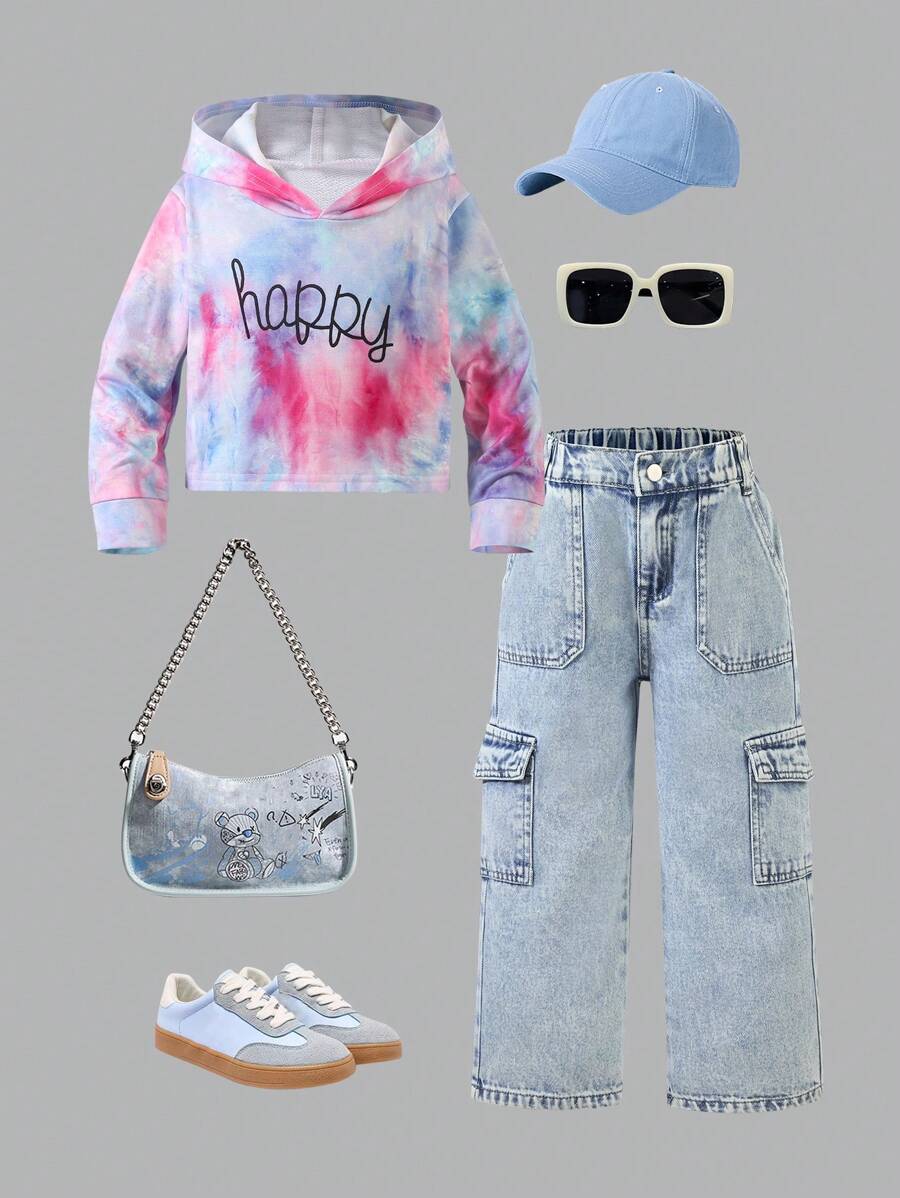 SHEIN 2pcs/Set Young Girl Loose Fit Hoodie Sweatshirt & Straight Leg Jeans Casual Outfit, Autumn Spring - Multicolor - View 1