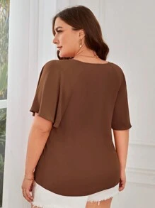 SHEIN Clasi 大码女式纯色简约日常系带短袖衬衫，商务休闲女装 - 巧克力棕 - 查看 2
