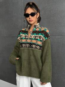 SHEIN EZwear Áo nỉ dài tay kiểu dáng cổ điển có khóa kéo nửa đầu dành cho nữ - xanh quân đội - Xem 6