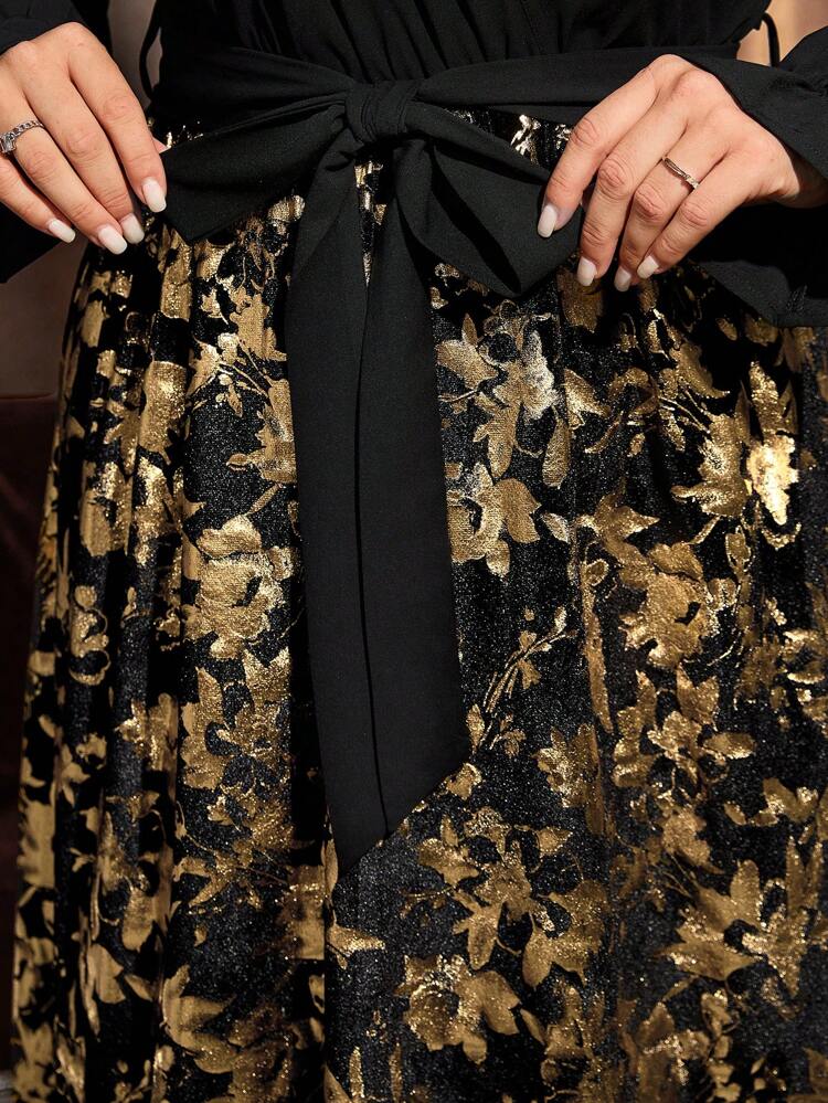 Plus Size Women's Spring & Summer V-Neck Long Sleeve Floral Print Patchwork Gold Foil Elegant Dress