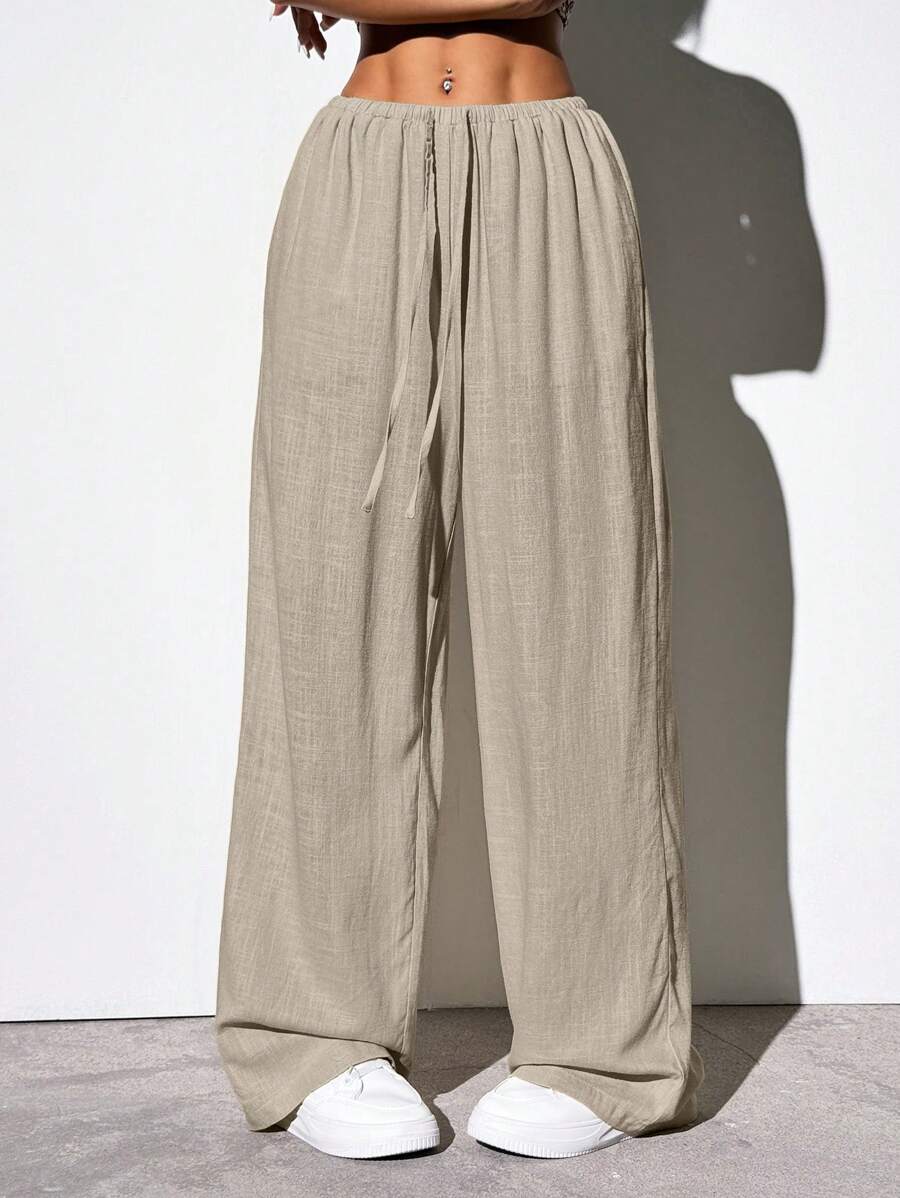 SHEIN EZwear Quần ống rộng dệt eo rút dây rộng màu kaki thường ngày cho nữ - Màu Khaki - Xem 1