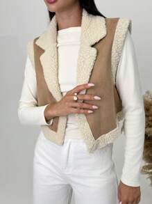 SHEIN Privé 女士无袖复合绒面革保暖内衬保暖优雅夹克 - 卡其色 - 查看 4