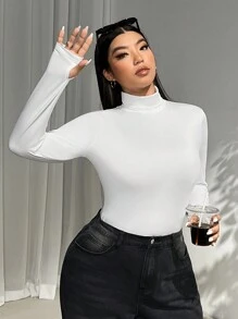 SHEIN EZwear Plus Size Women's High Collar Long Sleeve Versatile T-Shirt, Fall & Winter - White - View 5