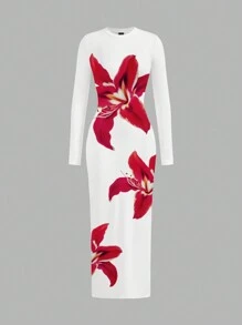 SHEIN EZwear Casual Minimalist Lily Floral Print Crew Neck Long Sleeve Bodycon Long Dress, Suitable For Spring & Autumn Chic Dress - White - View 8