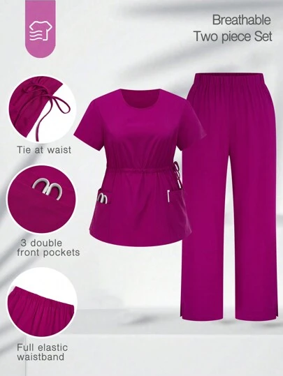 TaskEZ Plus Size V-Neck Drawstring Pocket Short Sleeve Top And Elastic Waist Pants Uniform Scrub Set