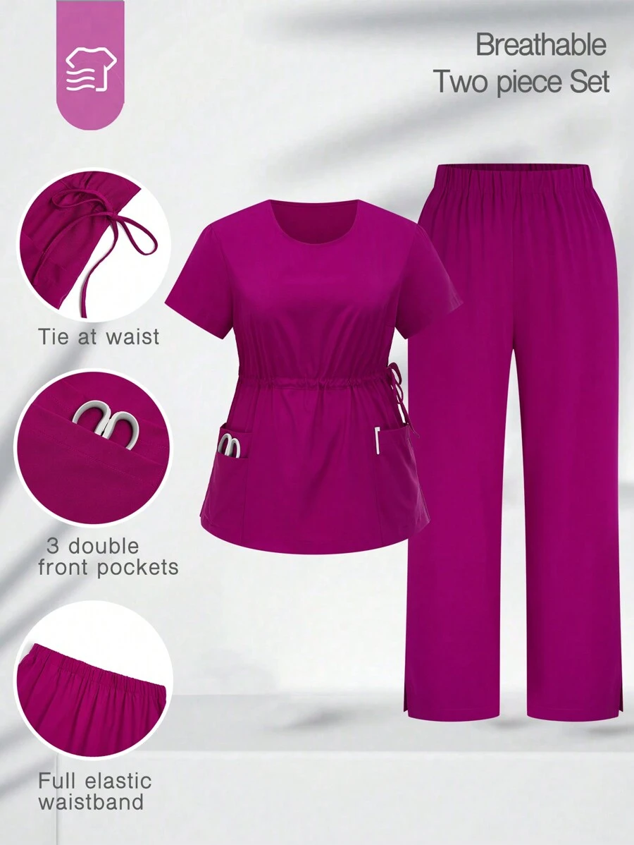 SHEIN TaskFit Plus Size V-Neck Drawstring Pocket Short Sleeve Top And Elastic Waist Pants Uniform Scrub Set - Hot Pink - View 1