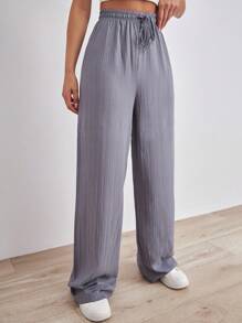 SHEIN Tall Quần dài cạp cao bằng cotton trơn màu cho nữ có dây rút - Xám - Xem 4