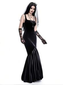 ROMWE Goth Vestido de fiesta gótico largo, sexy, sin espalda, estilo trompeta sirena, vestido de bola para mujer - Negro - Ver 7