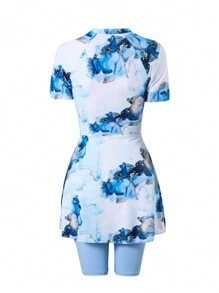 Damen Burkini Badeanzug mit Rundhalsausschnitt, Raglanärmeln und Marmorprint für den Sommer Strandurlaub - Verschiedenfarbig - Übersicht 7