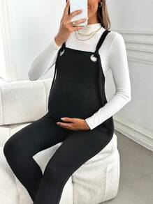 SHEIN Maternity Knitted Jumpsuit With Tie Up, Slim Fit Pregnancy Overalls - Black - View 6