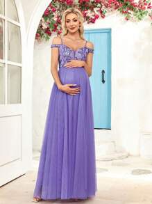 孕妇露肩网眼亮片派对连衣裙 - 紫羅蘭色 - 查看 1