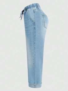 Women's Elastic Waist Washed Denim Long Pants, Suitable For Commuting And Casual Wear, Autumn