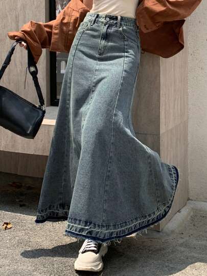 DAZY Chân váy maxi denim siêu dài dành cho nữ với viền tua rua, kiểu dáng Y2K.