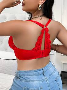 1pc Plus Size Contrast Lace Underwired Bra, Lingerie - Red - View 2