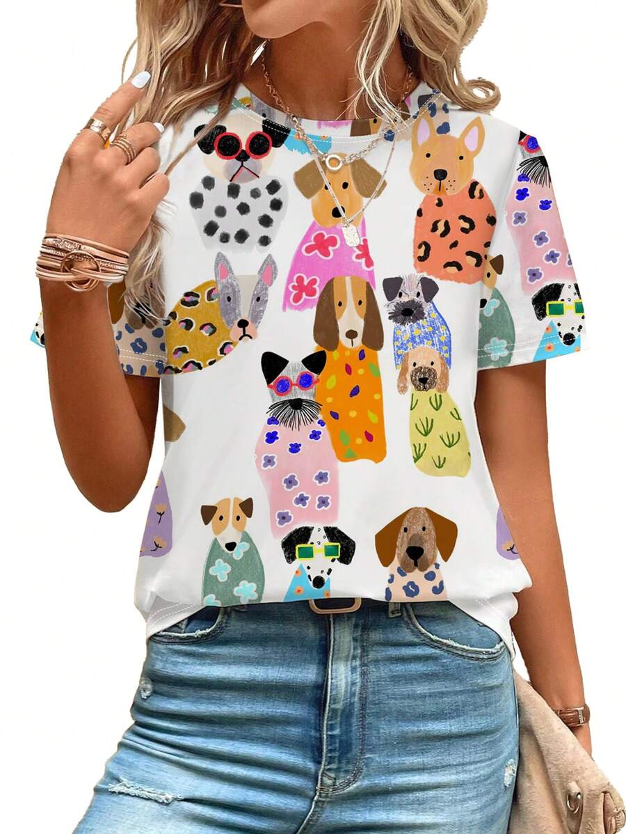 INAWLY Camiseta gráfica casual de mujer de manga corta, cuello redondo, con estampado de perro de dibujos animados - Blanco - Ver 1