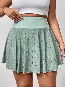 SHEIN Privé Plus Size Summer Elegant Casual Athletic Hollow-Out Textured Skort With Pockets, Green - Army Green - View 4