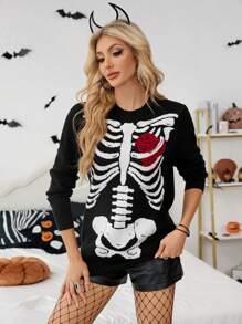 SHEIN Essnce Nuevos trajes de Halloween de estilo oscuro para mujeres en otoño e invierno 2024, que incluyen: Cárdigan con calavera de rosa, vestido de bruja/vampiro, disfraz de diablo, ropa personalizada de Halloween para mujeres - Negro - Ver 5
