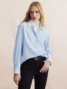 BizChic Women's Turndown Collar Contrast Color Long Sleeve Striped Blouse  Baggy Shirts  Work Blouse - Blue - View 3