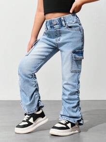 Girls Y2K Fashion Stone Washed Flare Jeans With Ruffle And Fold Over Pockets - Light Wash - View 7