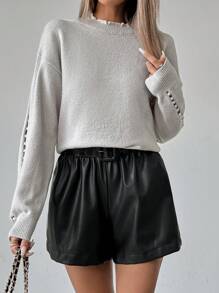 SHEIN LUNE Pull décontracté à col rond avec décoration de perles de faux-perles, printemps et automne, tricot pull automne hiver - Gris pâle - Voir 6