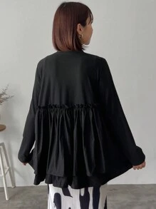 FRIFUL Áo thun nữ dáng chữ A vải chắp vá, áo dài tay nhún bèo cho nữ - màu đen - Xem 5