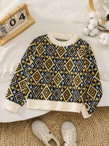 Toddler Girls' Vintage Retro Flower & Geometric Print Color Block Pullover Sweater. The Geometric Print Color Block Design Blends Traditional And Fashionable Elements, Showcasing A Distinctive Style. The Pullover Design Is Warm And Suitable For Autumn And Winter Outings. The Retro Floral Pattern Exudes A Unique Taste. The Warm And Comfortable Fabric Is Suitable For The Season. This Sweater Not Only Exudes A Vintage Charm, But Also Adds An Elegant Quality To The Little Girls, Allowing Them To Showcase A Charming And Graceful Presence During Autumn And Winter Travels. - Khaki - View 1