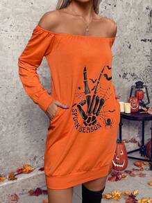 SHEIN LUNE Halloween Off Shoulder Mini Dress Women Horror Season Skeleton Print Autumn Tops & Dress