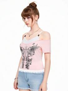 ROMWE Goth Women Off Shoulder Backless Short Sleeve Floral Lace Trim Sweet T-Shirt