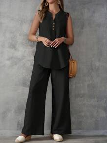 EMERY ROSE 2pcs/Set Women Sleeveless Textured Vest And Wide-Leg Button Front Pants Set - Black - View 3