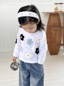 SHEIN Vêtements de mode automne/hiver pour bébé fille avec application florale 3D mignonne et brodée - Blanc - Voir 4