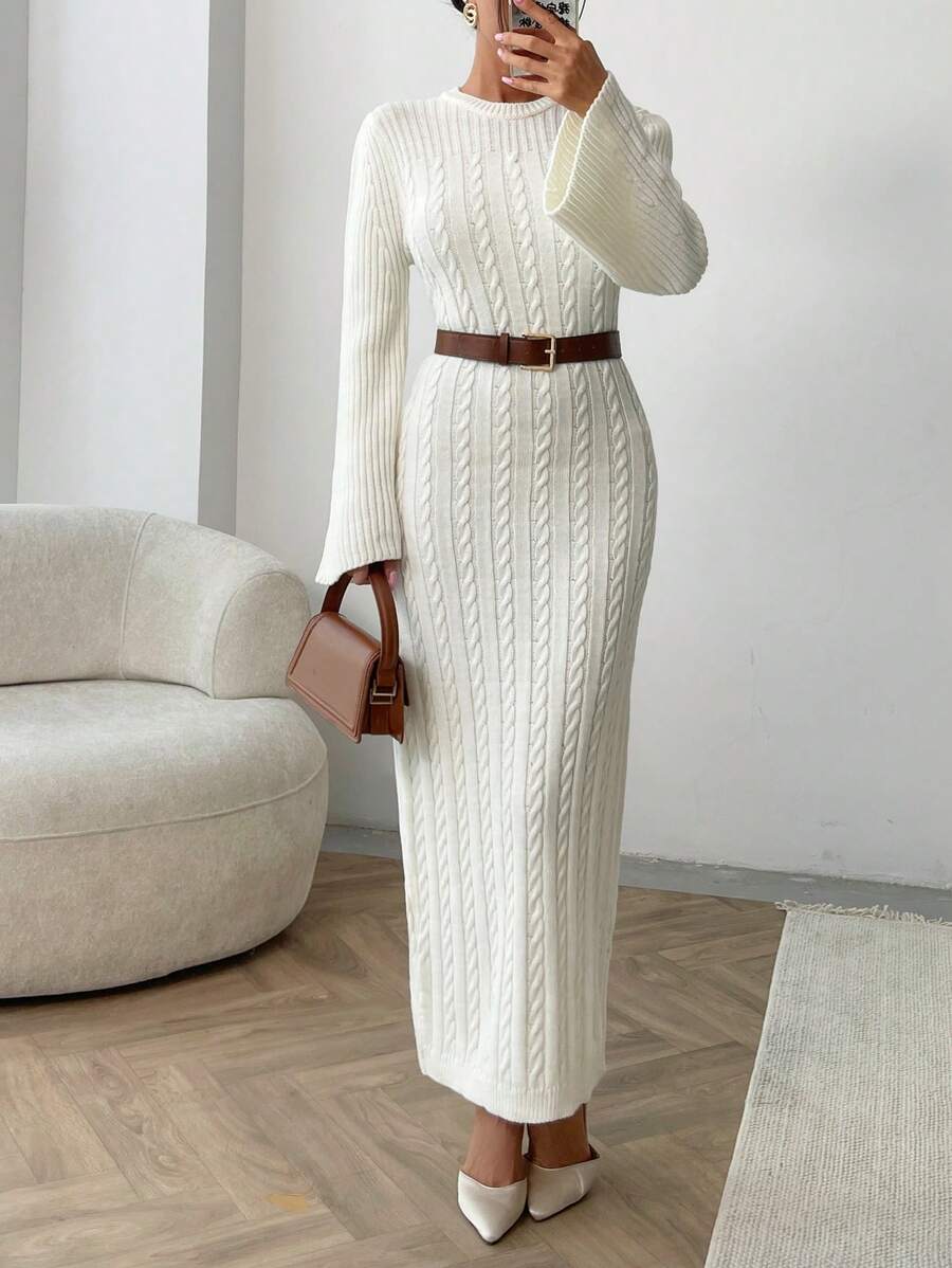 EURMUSE Cable Pattern Sweater Dress Fall Winter - White - View 1