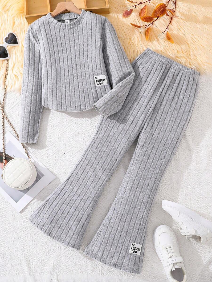 2 件套 Tween Girl 灰色圆领长袖上衣和喇叭裤休闲套装